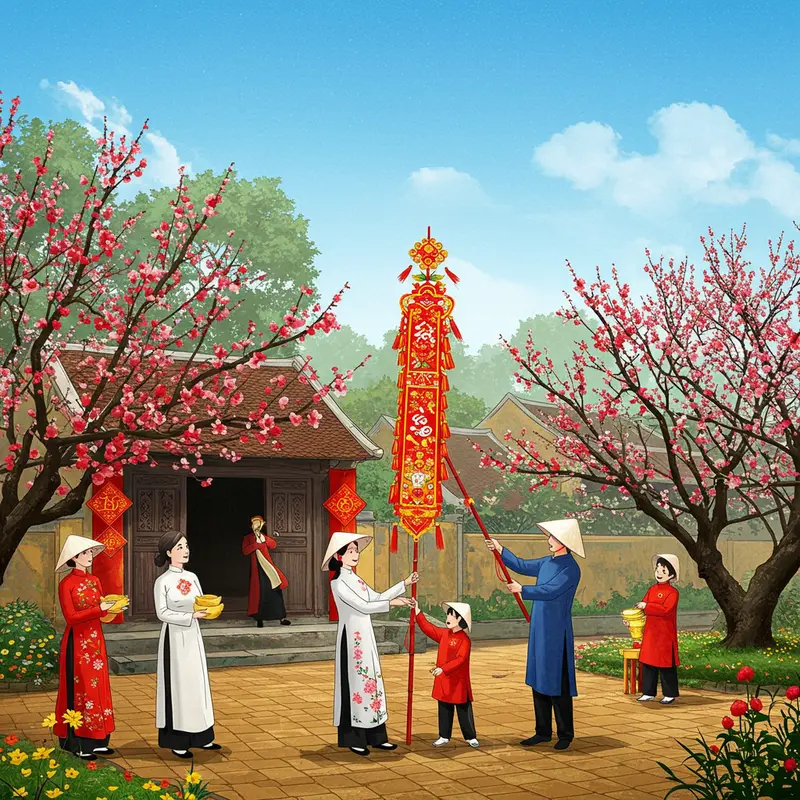 Cảnh gia đình Việt Nam hạ nêu sáng mùng 7, hoa mai đào nở, không khí sum vầy đầm ấm.