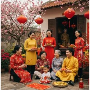 Gia đình nhiều thế hệ sum họp, cùng chuẩn bị, tặng quà và đón Tết truyền thống và hiện đại.