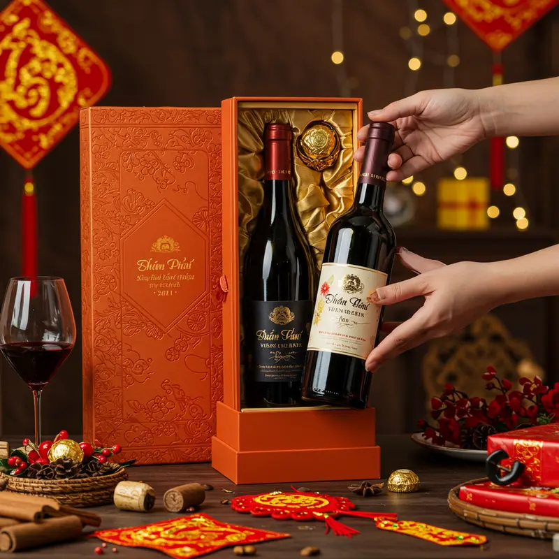 Bộ quà Tết nhập khẩu sang trọng với rượu vang, chocolate, hạt cao cấp.