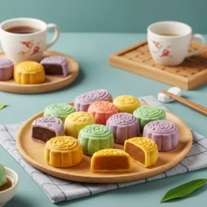 Khám phá các loại bánh mochi Trung Thu với màu sắc tươi tắn trên một chiếc đĩa gỗ, phản chiếu sự tươi mới.