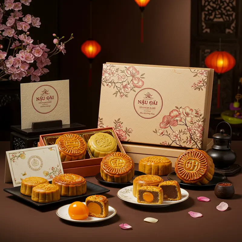 Mâm cỗ Trung Thu với bánh nướng và bánh dẻo truyền thống.