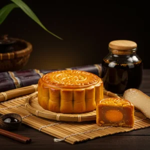Chiếc bánh nướng Trung Thu màu vàng nâu đặt trên chiếu tre, xung quanh có cây mía và lọ đường nha.