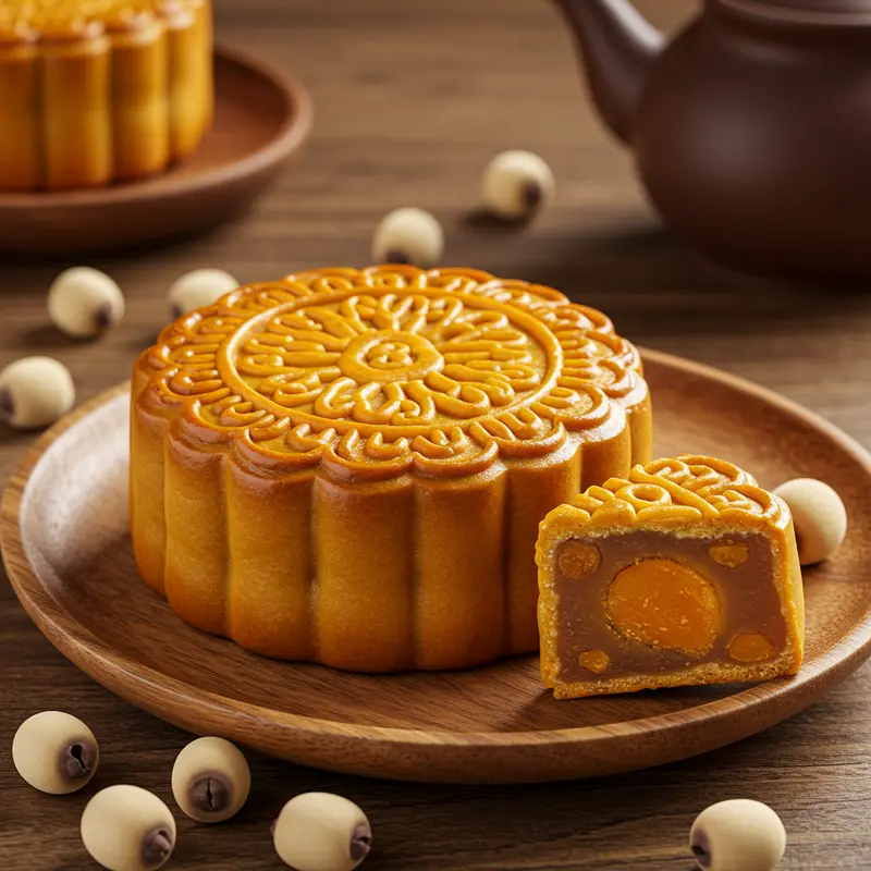 Bánh trung thu nhân hạt sen vàng óng với hoa văn tinh xảo đặt trên đĩa gỗ truyền thống.