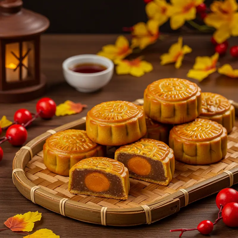 Bánh nướng Trung Thu nhân khoai môn vàng ruộm xếp trên khay tre với lá thu và đèn lồng xung quanh