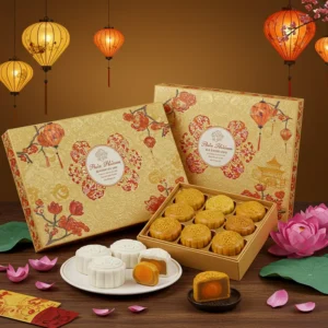 Hộp quà bánh trung thu gồm bánh dẻo và bánh nướng, trang trí đèn lồng và hoa sen, phong cách sang trọng.