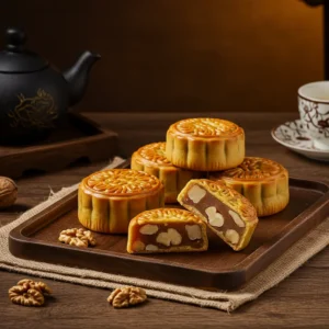 Ảnh tray bánh trung thu nhân hạt dinh dưỡng với ánh sáng ấm và nền gỗ mộc mạc