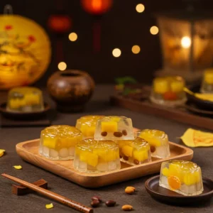 Bánh trung thu rau câu trong suốt với nhân trái cây và đậu xanh trên khay gỗ, được chiếu sáng bởi ánh đèn lồng Trung Thu