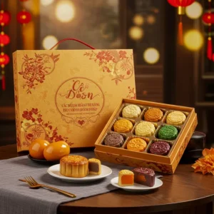 Bộ hộp bánh trung thu cao cấp với bánh nhiều màu, trên nền bàn gỗ lễ hội, mang phong cách doanh nghiệp.