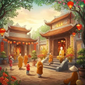 Người Việt đoàn tụ trước chùa ngày đầu năm, trang trí đèn lồng và hoa rực rỡ, tạo cảm giác ấm áp, linh thiêng.