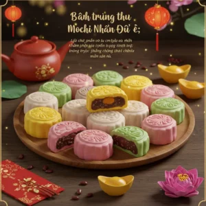 Hình ảnh bánh mochi Trung Thu nhân đậu đỏ trên khay gỗ, bên cạnh lồng đèn và hoa sen.