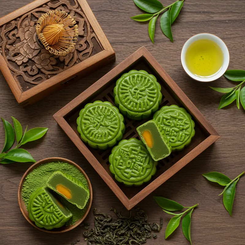 Hộp gỗ chứa bánh trung thu nhân trà xanh cùng chén trà xanh tươi, ánh sáng tự nhiên làm nổi bật màu sắc bánh và chi tiết hộp.