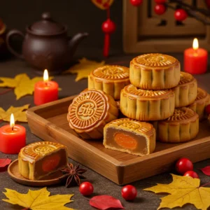 Bánh Trung Thu truyền thống với lớp vỏ vàng bóng và nhân sên mịn màng đặt trên khay gỗ trong không gian lễ hội ấm cúng.