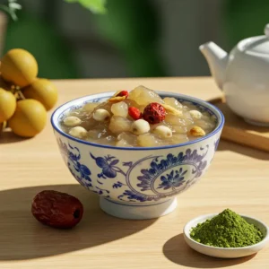 Bát nhân sen hiện đại với các thành phần long nhãn, táo đỏ và trà xanh trên bàn gỗ dưới ánh sáng tự nhiên