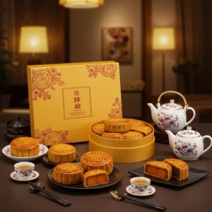 Hình ảnh hộp bánh trung thu cao cấp cùng bánh và bộ trà trong môi trường doanh nghiệp thân thiện.