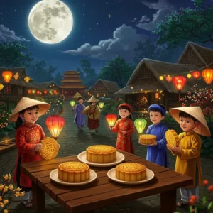 Cảnh gia đình người Việt vui Tết Trung Thu với lồng đèn màu sắc, bánh nướng bánh dẻo và trăng tròn sáng rực trên bầu trời