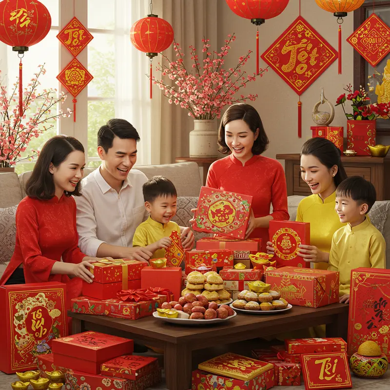 Gia đình Việt bên nhau mở các hộp quà Tết nhiều màu sắc trong không gian trang trí ngày xuân.