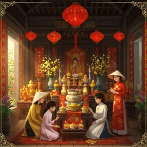 Căn nhà Việt rực rỡ ngày Tết với bàn thờ tổ tiên đầy lễ vật và mọi người mặc áo dài truyền thống.