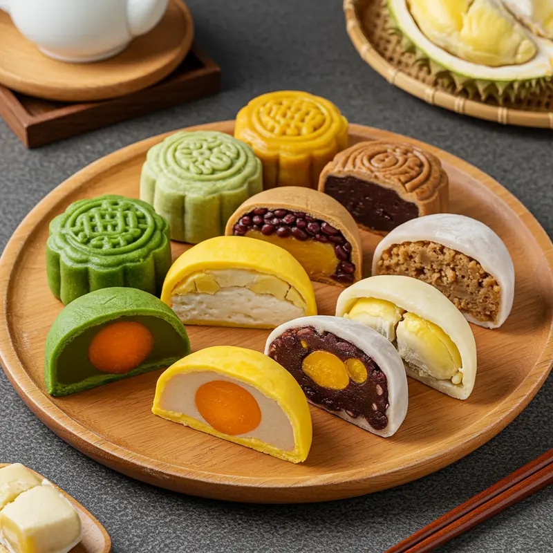 Bánh mochi Nhật Bản và mochi Trung Thu Việt Nam trên cùng bàn truyền thống.