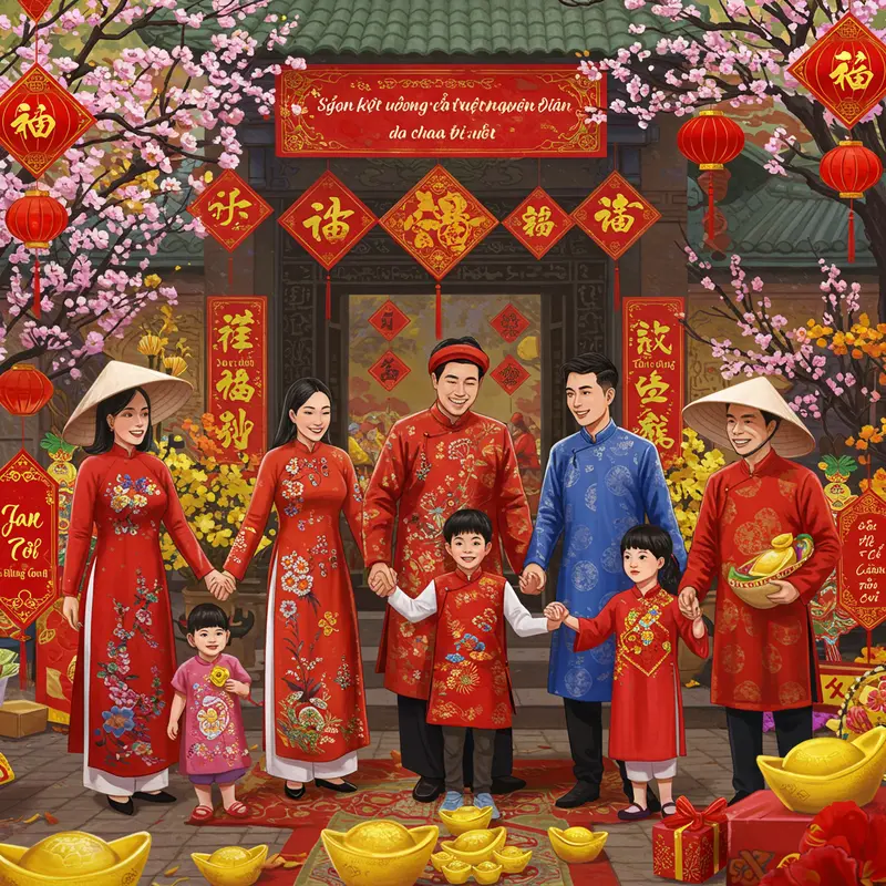 Gia đình sum họp bên mâm cỗ Tết truyền thống Việt Nam.