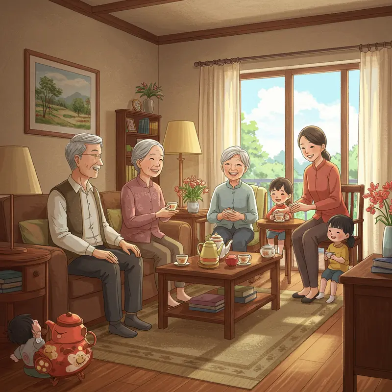 Không gian gia đình ấm áp giữa nhiều thế hệ cùng tương tác thân mật.