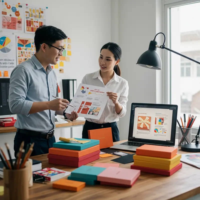 Các hộp quà cao cấp thiết kế theo yêu cầu với chi tiết sang trọng và logo thương hiệu.