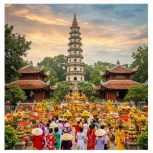 Hình ảnh tổng hợp các chùa nổi tiếng với du khách du xuân, hoa xuân tươi thắm và không khí lễ hội linh thiêng.