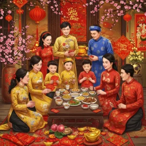 Cảnh đoàn tụ gia đình Việt Nam vào dịp Tết với mâm cơm, áo dài truyền thống và trang trí rực rỡ.