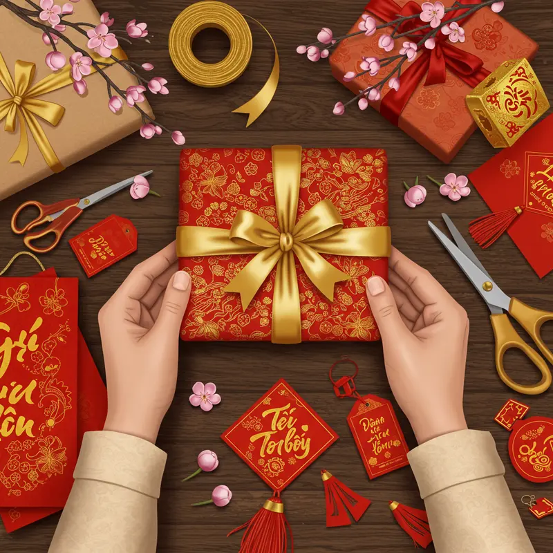 Bạn bè trao nhau hộp quà Tết trong không khí ấm áp đầu năm.