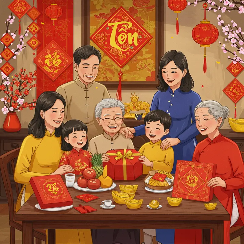 Khoảnh khắc sum vầy bên hộp quà Tết, gắn kết các thành viên trong gia đình nhiều thế hệ.