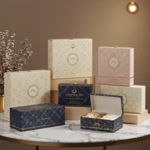 Hình ảnh hộp quà sang trọng thiết kế theo yêu cầu trên bàn đá, ánh sáng trang nhã, chi tiết cá nhân hóa.