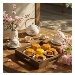 Mâm bánh Trung Thu ít đường với trà, hoa tươi đặt trên bàn gỗ, ánh nắng nhẹ nhàng chiếu vào.
