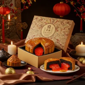 Hộp bánh trung thu lava cao cấp mở ra, bánh nhân tan chảy, trang trí hoa văn và ánh sáng ấm áp