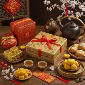 Hộp quà Tết handmade vuông vức, trang trí truyền thống cùng các món quà thủ công và hoa mai.