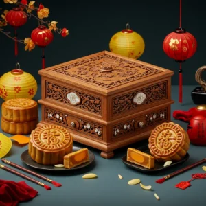 Hộp bánh trung thu bằng gỗ cao cấp cạnh bánh và đèn lồng, mang đậm nét sang trọng truyền thống