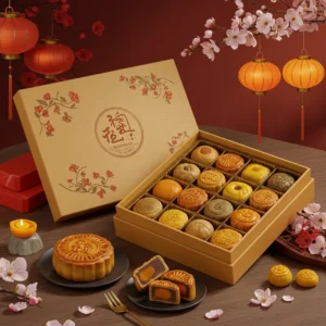 Hộp bánh Trung thu sang trọng có logo riêng, bánh nhiều vị, đặt cạnh đèn lồng và hoa trang trí.