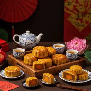 Bánh trung thu truyền thống và mini với trà và hoa sen, bày trên khay gỗ trong không gian ấm cúng.