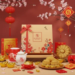 Hộp quà Tết được in logo, thắt nơ nghệ thuật, đặt cạnh bánh mứt, lồng đèn đỏ trên nền ánh sáng tự nhiên, kiểu dáng vuông.