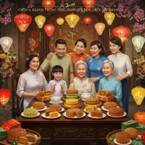 Cảnh gia đình nhiều thế hệ quây quần bên nhau thưởng thức bánh Trung Thu, ánh đèn lồng sáng rực rỡ.