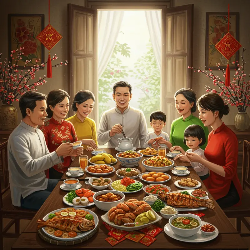 Gia đình sum họp bên mâm cơm ngày Tết với thực phẩm đa dạng, cân bằng.