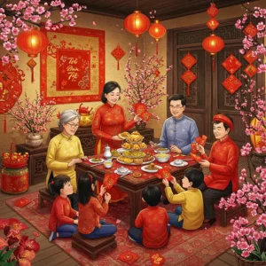 Hình ảnh một gia đình Việt sum họp đông đủ, trên bàn là các món ăn truyền thống, trang trí đậm nét Xuân, trẻ nhỏ nhận lì xì.