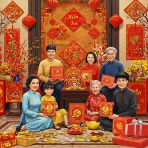 Cảnh gia đình Việt Nam quây quần bên nhau dịp Tết, cùng quà và hoa mai, đào.