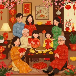 Hình ảnh gia đình nhiều thế hệ người Việt đón Tết tại nước ngoài với áo dài, bánh chưng và hoa mai, hoa đào.