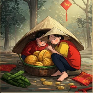 Ảnh gia đình Việt cùng thưởng thức cơm Tết, có hoa mai, bánh chưng và bao lì xì đỏ.