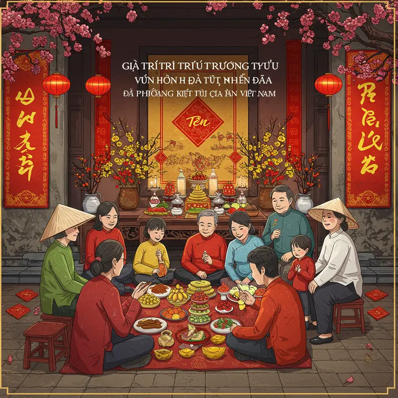 Gia đình Việt sum vầy bên bàn cỗ cúng tổ tiên ngày Tết.