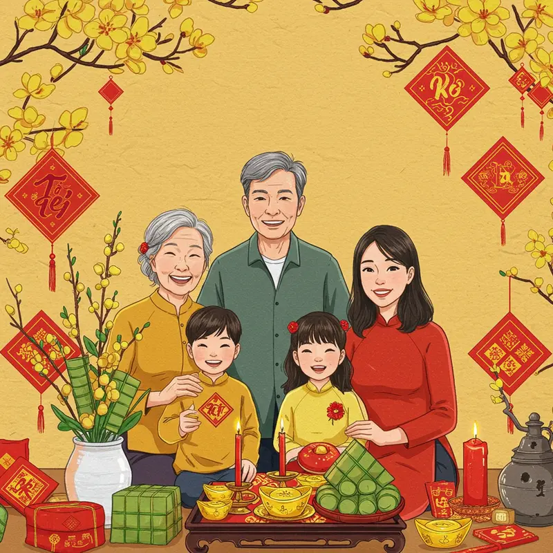 Khung cảnh làng quê rực rỡ ngày Tết, mọi người sum họp bên mai đào và câu đối đỏ.