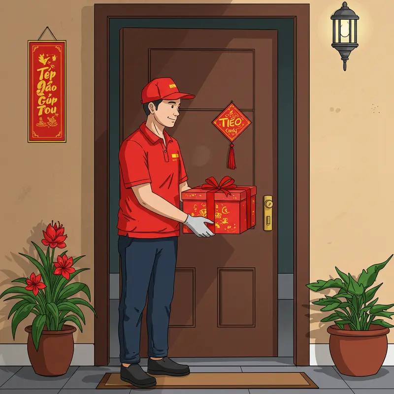 Hộp quà Tết tầm trung nổi bật giữa không gian đầm ấm ngày Xuân.