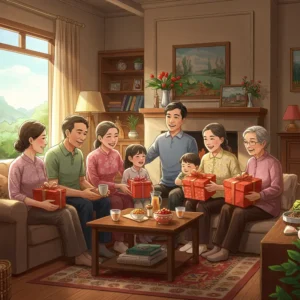 Gia đình nhiều thế hệ cùng sum họp, trò chuyện, trao quà và chia sẻ hạnh phúc.