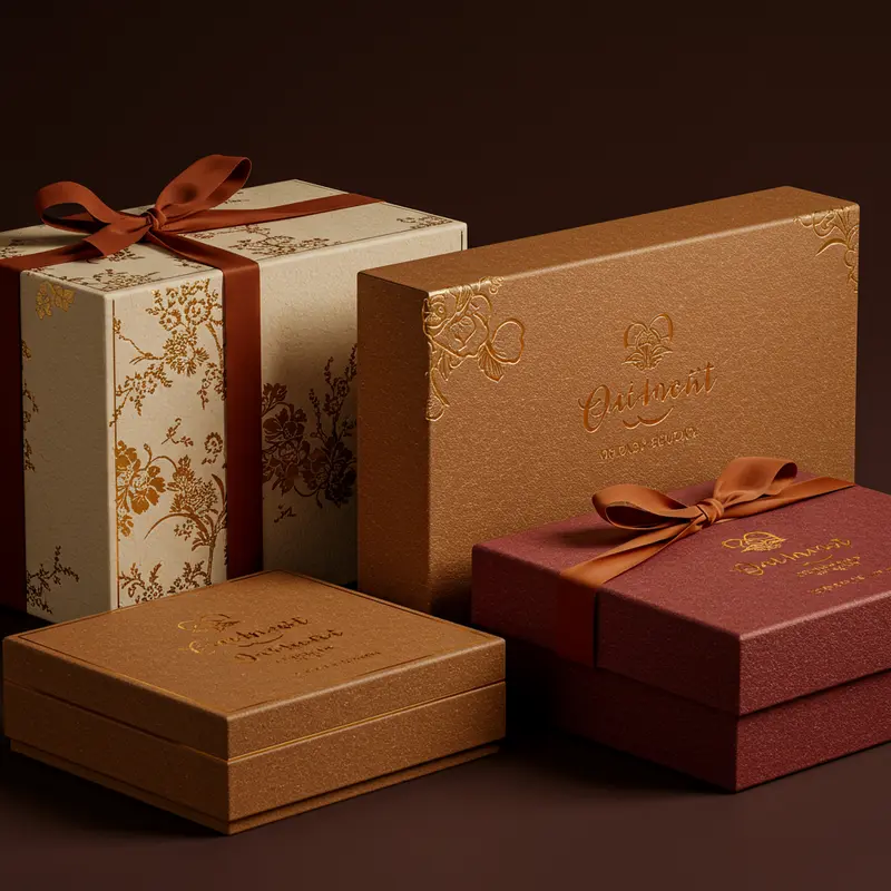 Hộp quà sử dụng giấy mỹ thuật dập vân và ép kim tạo vẻ ngoài sang trọng.