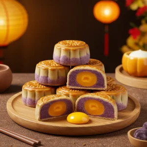 Hình ảnh bánh trung thu mochi khoai môn trứng muối trên khay gỗ, một chiếc bánh cắt đôi lộ nhân tím và trứng muối vàng.