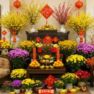Không gian phòng khách trang trí đa dạng hoa, cây cảnh mang ý nghĩa tài lộc, may mắn dịp Tết.